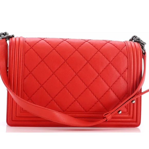 CHANEL BOY Chain Wild Stitch Quilted Shoulder Bag Red Medium 3 Chanel wallets - Picture 7 of 14